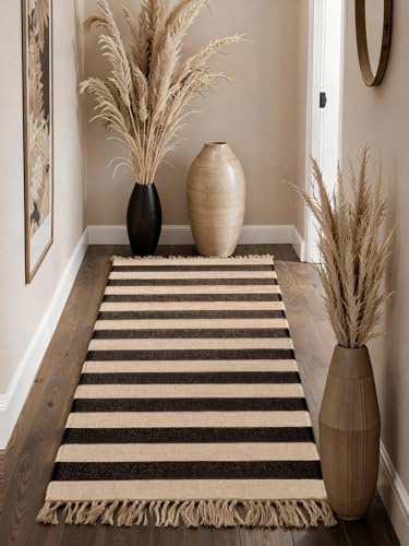 Hanse Home Playa Juteteppich - Natur Wohnzimmerteppich, Jute, Handgewebt, Gestreift, Fransen, Robust & Pflegeleicht, Naturfaser Teppich für Wohnzimmer, Schlafzimmer - Natur Weiß Schwarz, 80x300cm