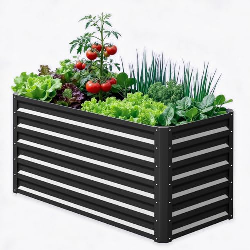 SUNYRISY Hochbeet Metall für Garten, 120x60x60cm Verzinkter Stahl Pflanzkasten Blumenkasten Kräuterbeet Pflanzbeet Blumenbeet Hochbeet-Kit für Garten Balkon Terrasse, Schwarz Rechteck