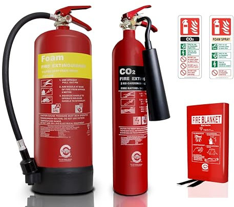 Retail Shop Hair Salon Restaurant Fire Extinguishers Set 6 LTR Foam + 2 KG CO2 Fire Extinguishers + 1m X 1m Blanket. CE and British Standard.