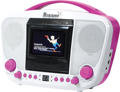 Mr Entertainer Portable CDG Bluetooth Karaoke Player with built in 3.5 monitor & 40 Track 2017 Hits Discs (White/Pink)