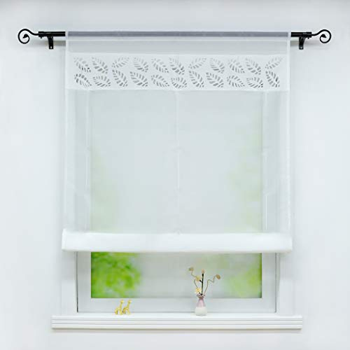 Joyswahl Voile Raffrollo mit Tunnelzug Transparente Bändchenrollo mit Blätter-Lasercut »Lilian« Schals Fenster Gardine BxH 120x140cm Weiß 1 Stück