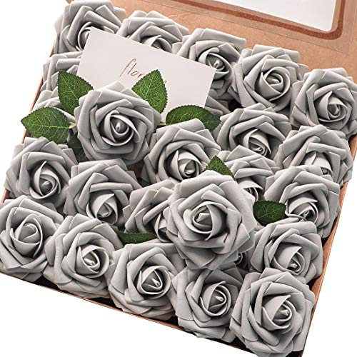 Floroom Künstliche Blumen, 25 Stück, echt aussehend, silbergrau, Schaumstoff, künstliche Rosen mit Stielen für DIY, Hochzeitssträuße, Brautparty, Tafelaufsätze, Partytische, Heimdekorationen