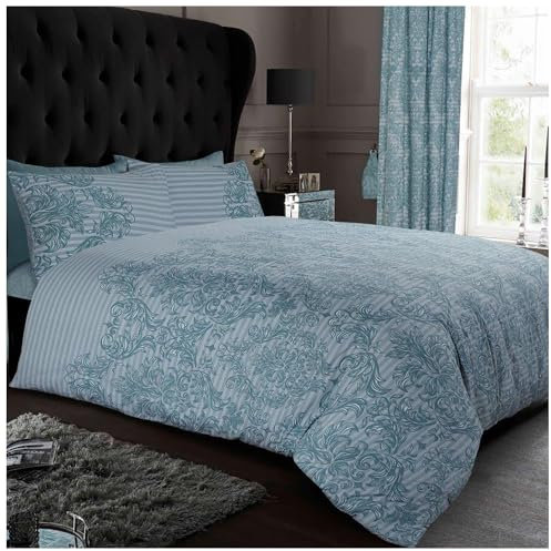GC GAVENO CAVAILIA Damask Duvet Cover Duck Egg SIngle, Warm & Cosy Breathable Floral Bedding Quilt Set With Pillowcase