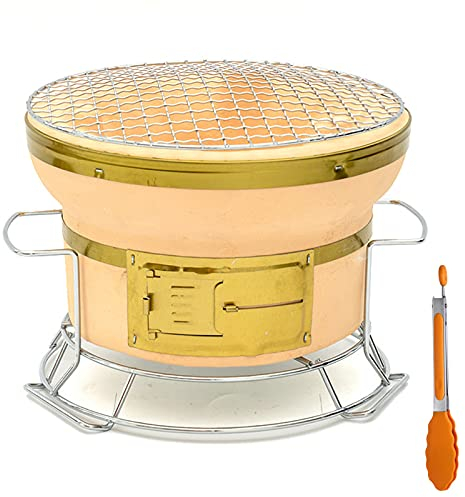 Mesa Arcilla Cerámica Parrilla De Carbón, Japonés Hibachi Yakitori Barbacoa Parrilla De Carbón Exterior Estufa De Carbón Horno Con Mango Anti-Quemaduras Y Pinza Para Alimentos (Amarillo)