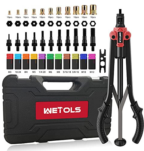 WETOLS Herramienta de Tuerca de Remache de 17 Pulgadas, Kit de Herramientas de Remache Manual con 11 Mandriles métricos y SAE M3 M4 M5 M6 M8 M10 M12, 10-24, 1/4-20, 5/16-18, 3/8-16, 110 Tuercas