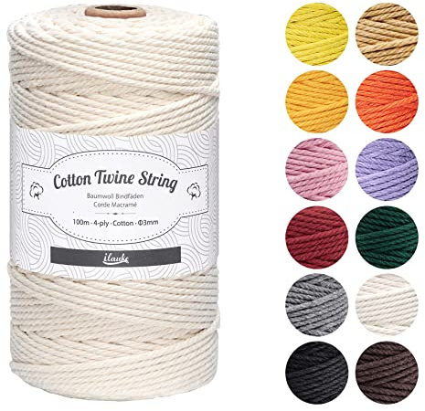 3 mm Makramee Baumwolle Garn,ilauke 100m Baumwollgarn Baumwollschnur Makramee 4-lagig,Natur Baumwolle Kordel für DIY Handwerk, Basteln Weben Dekoration, Pflanzenbügel - Beige