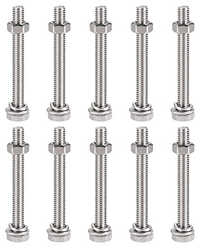 sourcing map M6 x 60mm Hex Head Screws Bolts, Nuts, Flat & Lock Washers Kits, 304 Stainless Steel Fully Thread Hexagon Bolts 10 Sets