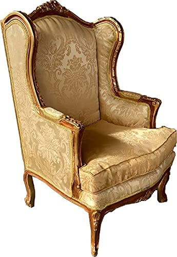 Casa Padrino Barock Ohrensessel Cremefarben/Braun/Gold - Handgefertigter Antik Stil Wohnzimmer Sessel mit elegantem Muster - Barock Wohnzimmer Möbel