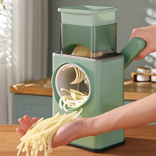 Rotary Cheese Grater with Handle, Heavy Duty Mandolin Slicer Grater for Kitchen,Vegetable Slicer Cutter with 3 Interchangeable Blades, Large Feed Port Strong Suction for Vegetable, Potato, Nuts