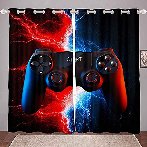 Gaming-Vorhänge für Jungen, Schlafzimmer Gamer Fenstervorhänge, Raumdekoration, Videospiel-Fenstervorhänge für Wohnzimmer, Schwarz, Gamepad, Neon, Rot, Blau, Blitz, Fensterbehandlungen 137x117cm