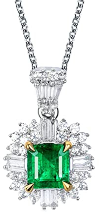 Ketten Damen Modeschmuck, Diamant und Smaragd 0.5ct aus 18 Karat (750) Weißgold mit 45+5cm Verlängerungs-Rollenkette, Geschenk für Frau