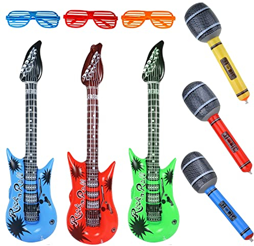 9 stück größe buntes aufblasbare Instrumente Spielzeug,enthält: 3xaufblasbare Gitarre(93cm),3×aufblasbares mikrofon(25cm),3×Shutter Shading gläser