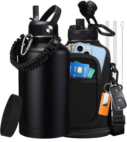 Borraccia termica da 1,9 l, con cannuccia e coperchi con beccuccio automatico, manico in paracord, tracolla e stivale protettivo, tazza termica per mensa in metallo a bocca larga, a prova di perdite