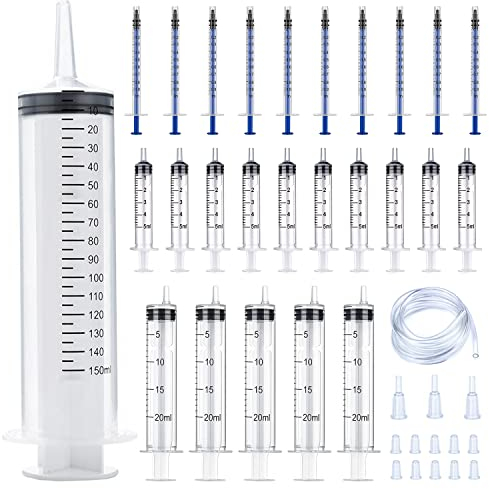 Spritzen 150ml Spritze 1ml 5ml 20ml Spritze Ohne Nadel set 26 Stück mit Gummi Schlauch und Konverter für Wissenschaftliche Laborexperimente,Industrielle Nutzung die HaustiereFütterung