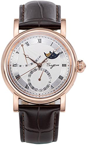 SU2153GW MoonPhase Master Seagull ST2108 Mouvement Saphir Cristal Montre Mécanique Automatique Homme 1963, Or rose, Sangle