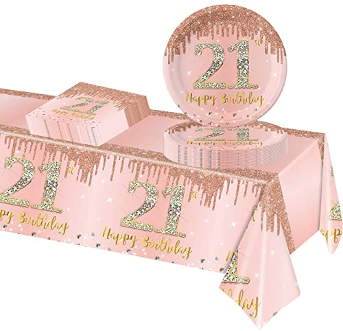 POPOYU 37Pcs Rose Gold 21st Birthday Tableware Set,Happy Birthday Party Dinnerware Set,Rose Gold Paper Plates 9 Inch Napkins Table Cloth for Girls,Women,Her 21st birthday Gifts Party Supplies