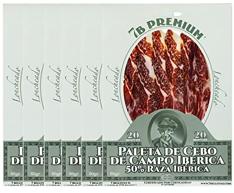 7 BELLOTAS 50% Iberian Race Shoulder Ham | Made From Free Range Iberico Pigs | Spanish Jamon Iberico Pata Negra | Paleta Cebo de Campo Iberico (Sliced 6X80 gr.)