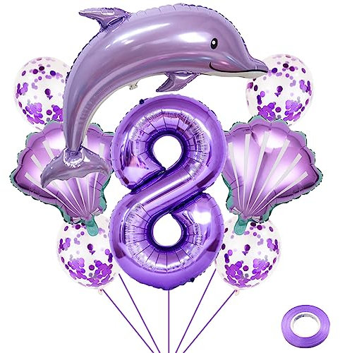Weenkeey 8 Jahre Delfin Geburtstag Deko Große Delfin Folienballon 8. Geburtstag Delfin Ballons Lila Zahl 8 Luftballon für Mädchen Geburtstag Party
