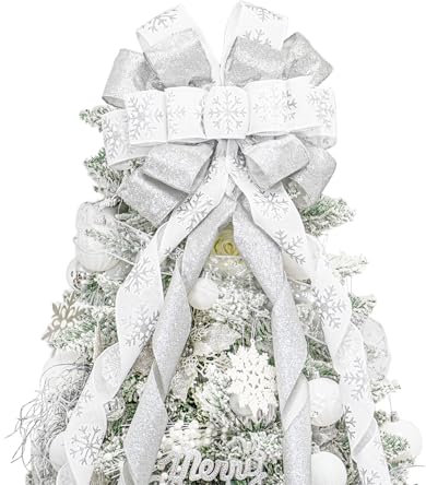 Hismir Christmas Tree Topper Bow, 53x13 Inches Large Christmas Bow with Glitter Streamer and Patterned Ribbon, Decorative Bows for Xmas Tree Wreath Door Festival Home Decor(White & Silver Snowflake)