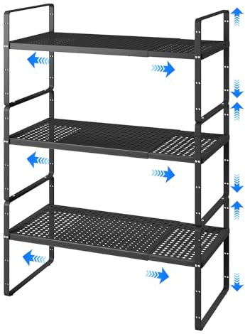 KIKIBRO Erweiterbares stapelbares Regal, Theken-Organizer, Gewürzschrank, Speisekammer, Regal, Schrankständer, Aufbewahrungsregale, Badezimmer, Küche, Arbeitszimmer, Zubehör, 36,3 kg, strapazierfähig,