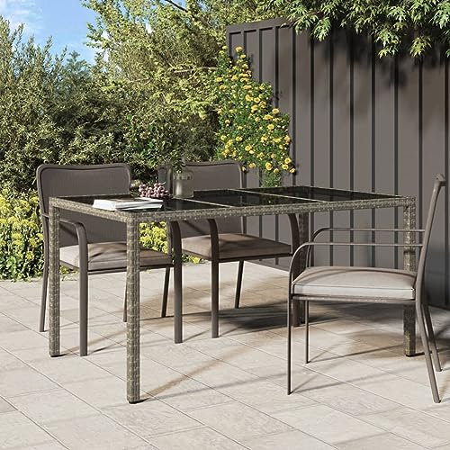 Homgoday Gartentisch 150 x 90 x 75 cm gehärtetes Glas und Polyrattan grau, Gartentisch, Terrassentisch, Esstisch, Gartentische