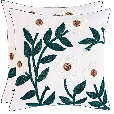 Tosleo 2 Stück Set kissenbezüge Bestickte Dekorative Weiße Blume 45x45cm Wurfkissenbezüge für Gartenlounge Sofa Dekokissen Wohnzimmer Schlafzimmer