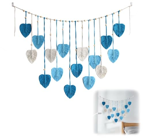 Vordpe Makramee Wandbehang Blätter Boho, Großer Wandteppich Gewebt, für Frauen Schlafzimmer Wohnzimmer Kinderzimmer Deko Geschenk(Blau)