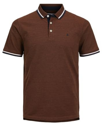 JACK & JONES Herren Slim Fit Polo Shirt JJEPAULOS Uni Sommer Hemd Kragen Kurz Arm Basic Pique Cotton, Braun - Weiß - Dunkelblau, S