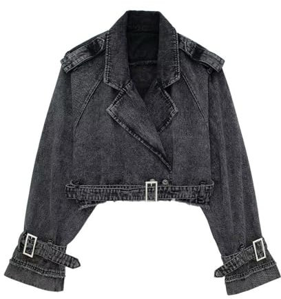 Crop Jeansjacke Damen Sexy Einfarbig Jacke Denim Übergangsjacke Kurze Herbstjacke Langarm Jeansmantel mit Gürtel Reverskragen Mantel Schlanke Kurzmantel Knöpfen Damenjacke Oberteile Streetwear