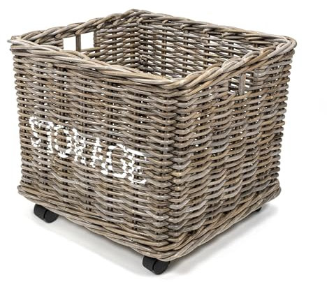 happimess Yael Coastal BSK1001A Handgewebter Rattankorb mit Rollen und Griffen für Aufbewahrung und Dekoration im Schlafzimmer, Wohnzimmer, Waschküche, Eingangsbereich, Kubu-Grau