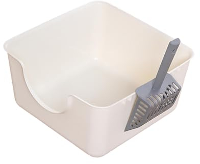 Folpus Cat Litter Box Open Top Pet Litter Tray, Durable, Easy to Clean with Scoop Kitty Litter Pan Heighten for Kitten Small Cats, White