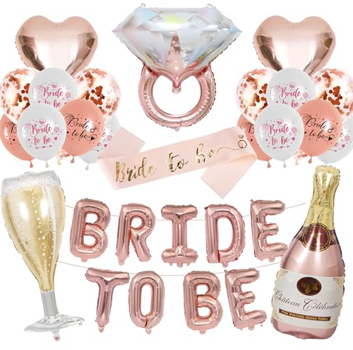 Hen Party Decoration Rose Gold - 29 Pieces Hen Party Accessories Decoration, Bride to Be Letter Foilballoon Banner, Bridal Sash, Diamond Beer Bottle Wine Glass Foil Balloon for Bridal Shower Party
