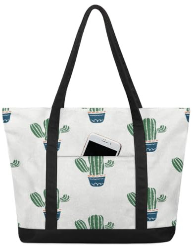 Süße Kaktus-Handtasche für Damen, Mädchen, Kaktus, große Schultertasche, Segeltuch, 22 l, große Kapazität, Einkaufstasche für Schule, Reisen, Arbeit, farbig, big