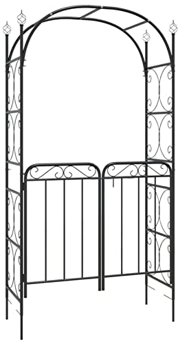 Gecheer Pergola Rosenbogen mit Tor Torbogen Rankhilfe Spalier Rankgitter Gartenbogen Schwarz 108x45x235 cm Stahl