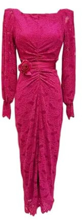 OWEIEYEU Vestidos casuales de encaje con cuello en V para mujer, con fajas, vintage, midi, vestidos largos, fucsia, S