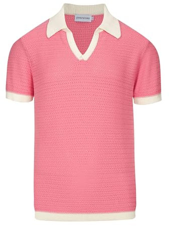 OXKnit Polo tricoté à manches courtes pour homme Coupe droite Col en V T-shirt d'été de golf pour homme, Rose, XL