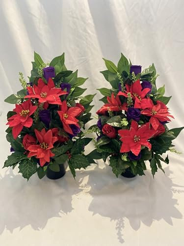 Silky Bouquets Grave Pot Christmas Grave Flower Arrangements, Red Poinsettia and Purple Rose, Set of 2