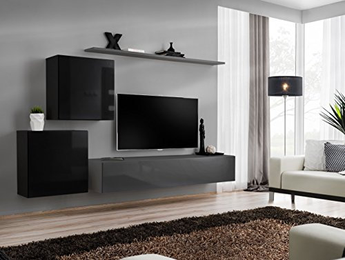 All4All Wohnwand SW 5 - Wohnzimmermöbel - Schrankwand für Wohnzimmer - Wohnzimmerschrank - Anbauwand Hängend -Mediawand - Wandschrank - Modern - Schwarz+Grau 21