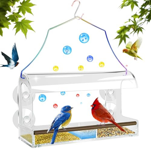 Acrylic Window Hanging Bird Feeder with Strong Suction Cups, Upgraded Clear Design for Outdoor Bird Watching in Garden or Yard (Clear)