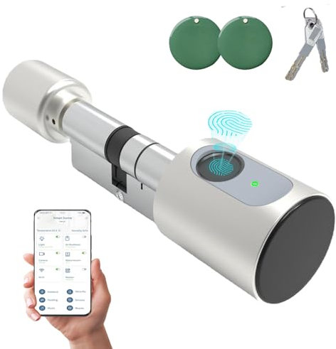 Türschloss Fingerabdruck - Smart Lock Fingerabdruck Schloss für Haustür, Elektronisch Schließzylinder Türöffner mit Fingerprint & 2 Schlüssel & 2 RFID Karte Tuya APP Entsperrung, Silber