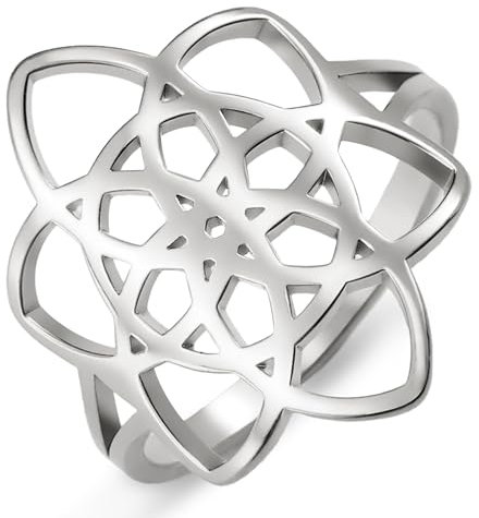kkjoy Blume des Lebens Ring Edelstahl Keltischer Knoten Blüte Ring Versprechen Ring Schmuck für Frauen Charmante Damen (Silber, Durchmesser 21mm)