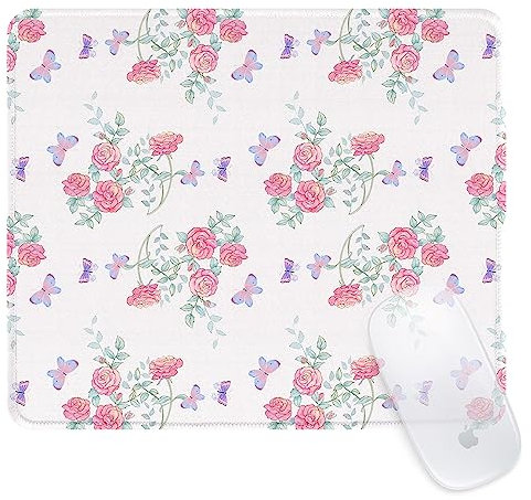 Ksriylm Square Aesthetic floral pattern Mouse Pad Office Home Personalized Mouse Mat Waterproof Non-Slip Rubber Base Computer Mouse Pads for Wireless Mouse, Rose&Butterflies