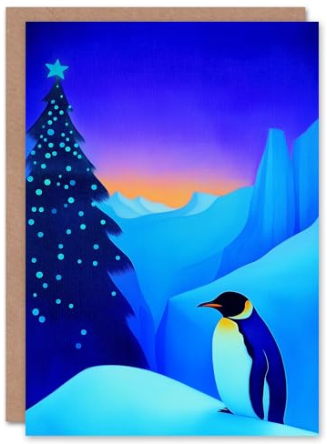 Wee Blue Coo Greeting Card Emperor Penguin Decorated Tree Winter Landscape Blank For Him Or Her Art Xmas Christmas Card
