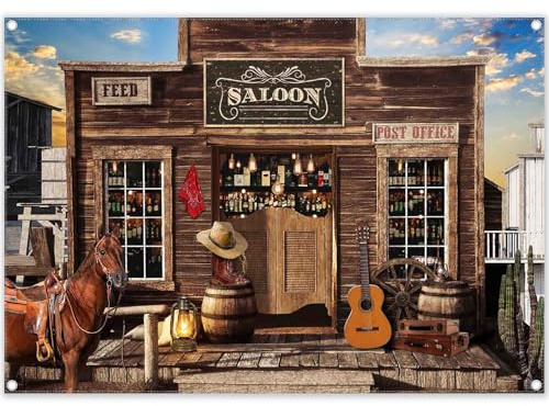 Luminora 2,1x1,5 m Toile de Fond Cowboy Western Bar Rustique Campagne | Tissu polyester, maison bois Far West, matériel fête enfants adultes, déco bannières, photobooth extérieur