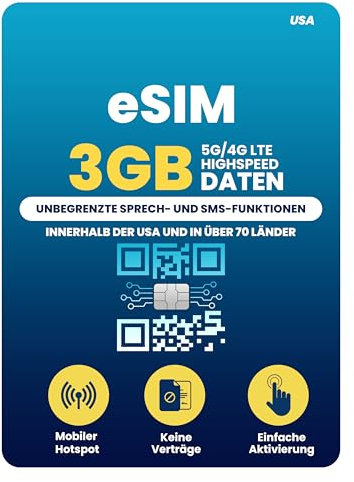 H2O Wireless 30-Day USA eSIM, Prepaid eSIM Card with 3GB High-Speed 4G LTE/5G Data & 2GB Mobile Hotspot, Unlimited Data, Talk & Text to 70+ Countries, US Mobile SIM Card for Cell Phones