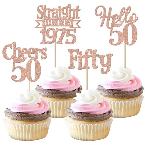 24 Stück 50th Geburtstag Tortendeko Glitzer Straight Outta 1975 Cupcake Toppers Fifty Hello 50 Kuchen Deko für Prost auf 50 Jahre Geburtstag Hochzeit Jahrestag Party Kuchen Dekoration Rosegold