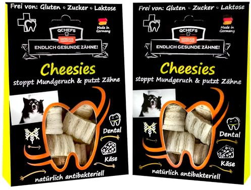 QCHEFS 2X Pack CHEESIES Hundeleckerli gegen Mundgeruch Hund Zahnstein | Zahnfleischentzündung, als Zahnsteinentferner, natürliche Zahnpflege, ohne Dentalspray oder Zahnbürste