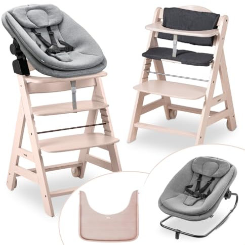 hauck Hochstuhl Beta+ Newborn Set 3in1 Highchair Bouncer - mitwachsender Holz Babyhochstuhl ab Geburt, inkl. Neugeborenenaufsatz, Sitzpolster und Essbrett - Whitewashed