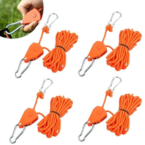 Pmueuff Cricchetto di Corda, 4 Pezzi Cinghie a Cricchetto Regolabili 1/8'' di Rope Ratchet Ganci di Corda con Carabiner Nylon Cricchetto a Corda Supporto Corda per Lampada da Pianta, Tenda, Escursioni