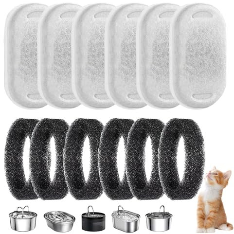 Cat Water Fountain Filters, Filter 6 Filters + 6 Sponges for Cat Water Fountain, Replacement Filters and Other Pet Fountains, Ensures Clean and Safe Drinking Water for Cats